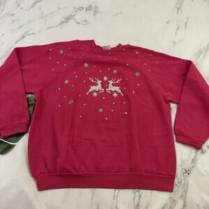 Tultex Womens Vintage 90s Beaded Christmas Sweatshirt Size XL Pink Reindeer